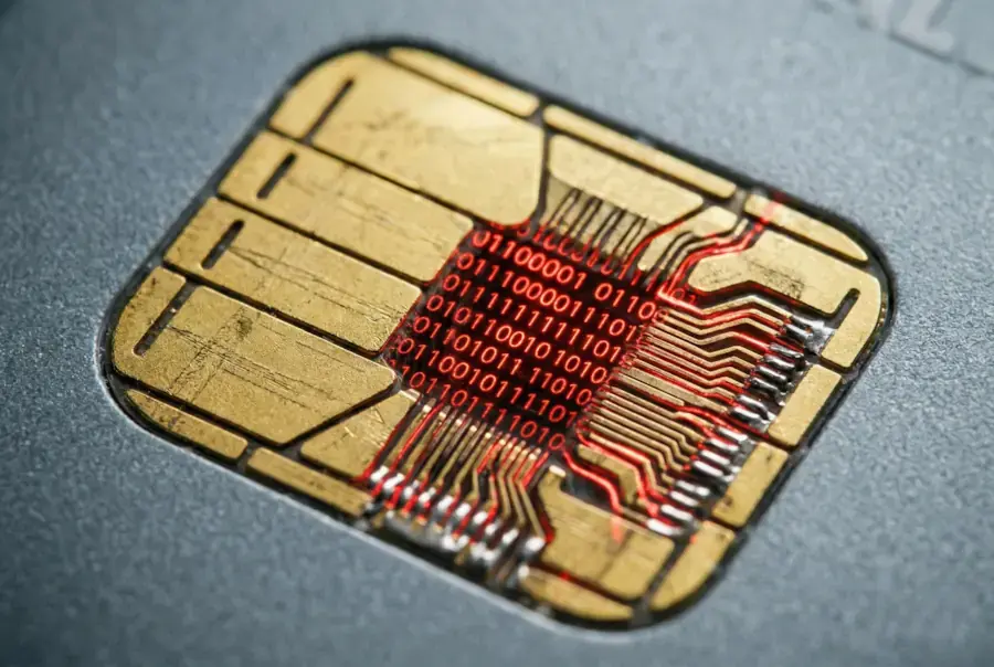 Close-up of a smart card microchip with glowing binary code representing credit card fraud and information system crimes in Turkey.