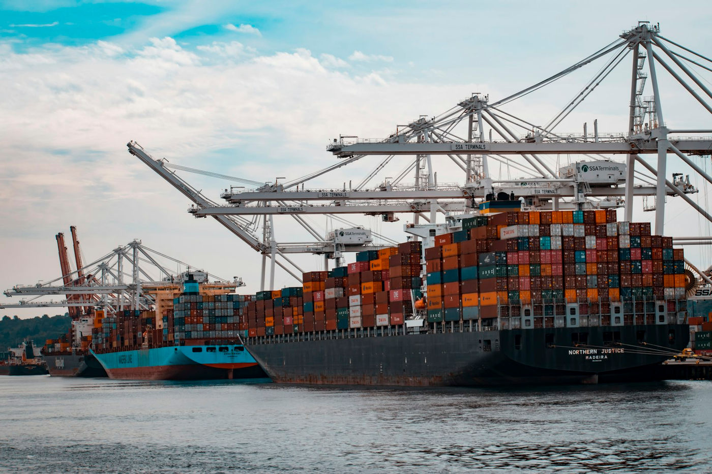 Container ships at a Turkish port with gantry cranes — charter party dispute evidence and port operations