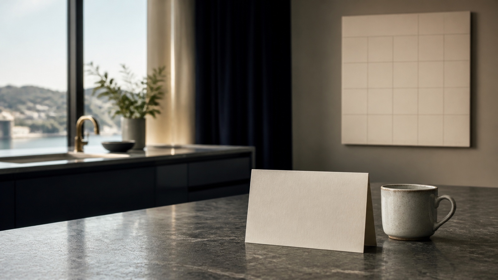 A standing-order slip and a wall calendar in a quiet apartment kitchen at breakfast, a single cup on the table