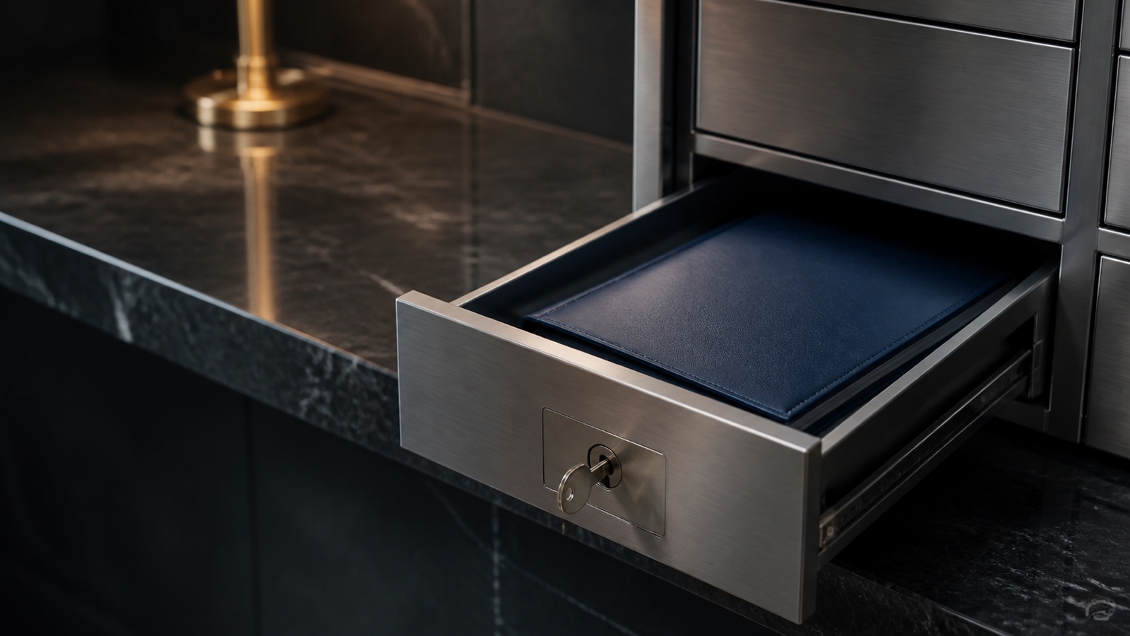 A safe-deposit drawer half drawn out on a marble counter, one bound folder inside
