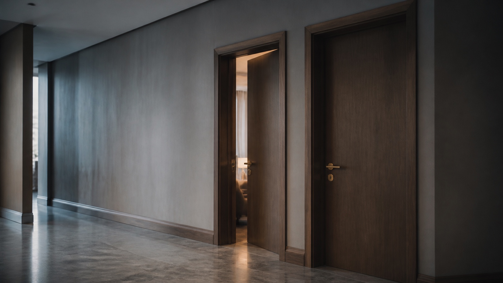Two identical office doors along a corridor, one standing open and one closed