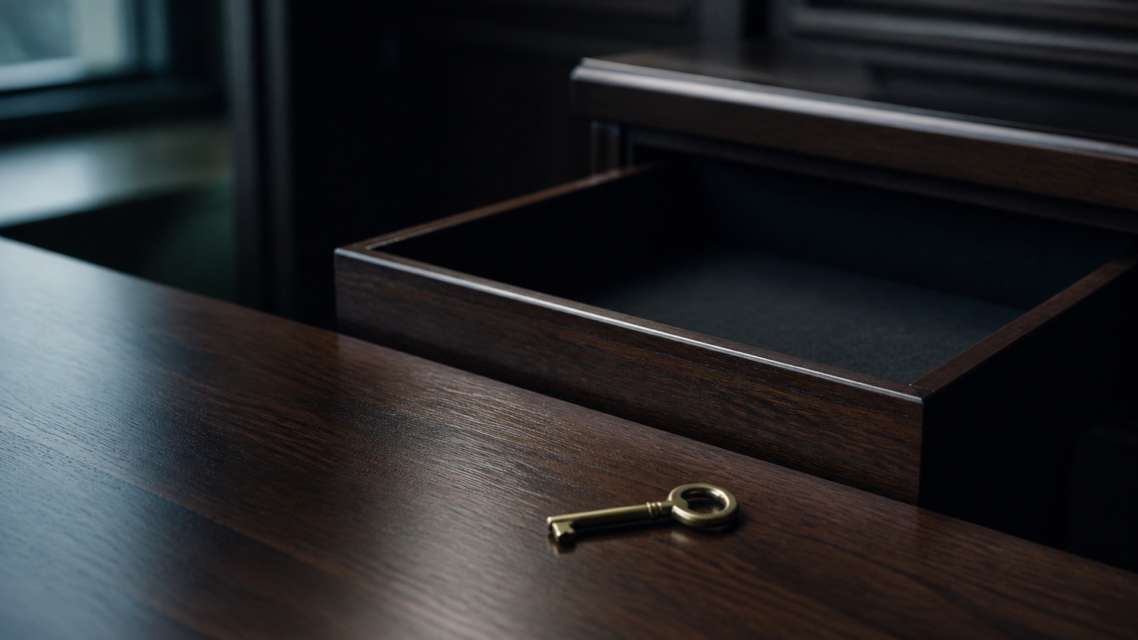 An office key left on an empty desk beside a drawer that has been cleared out