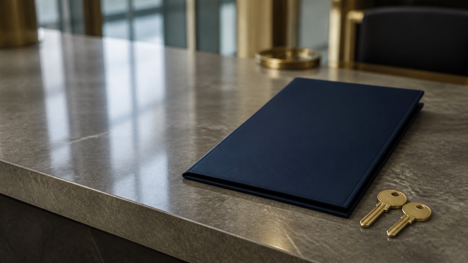 A title-deed folder and a set of apartment keys on a notary's counter