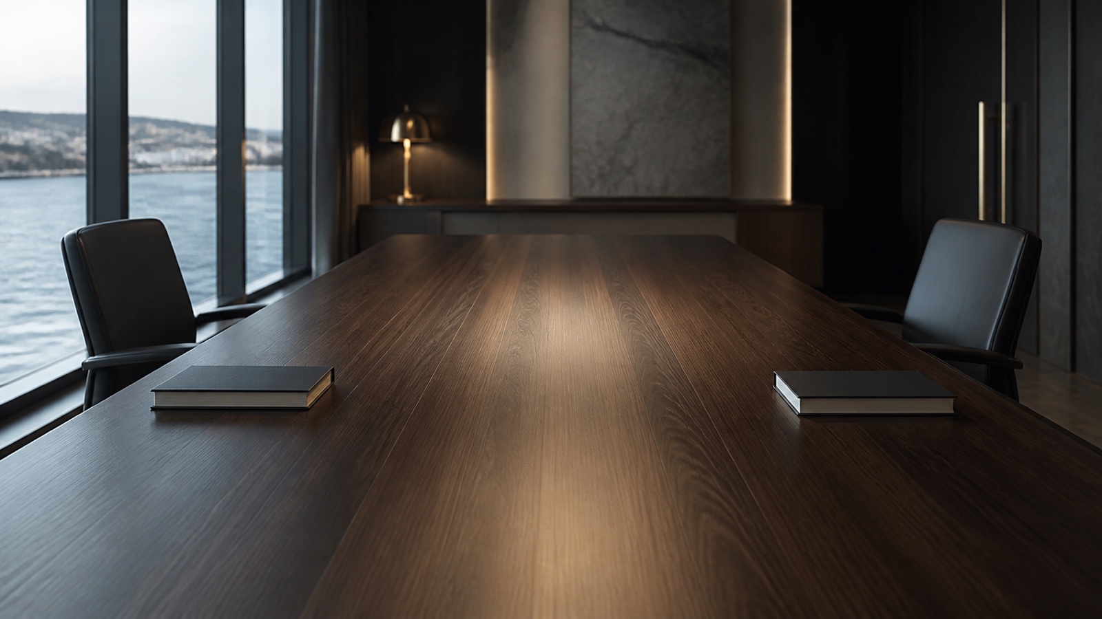 Two chairs pulled far apart at a long boardroom table, one file at each end