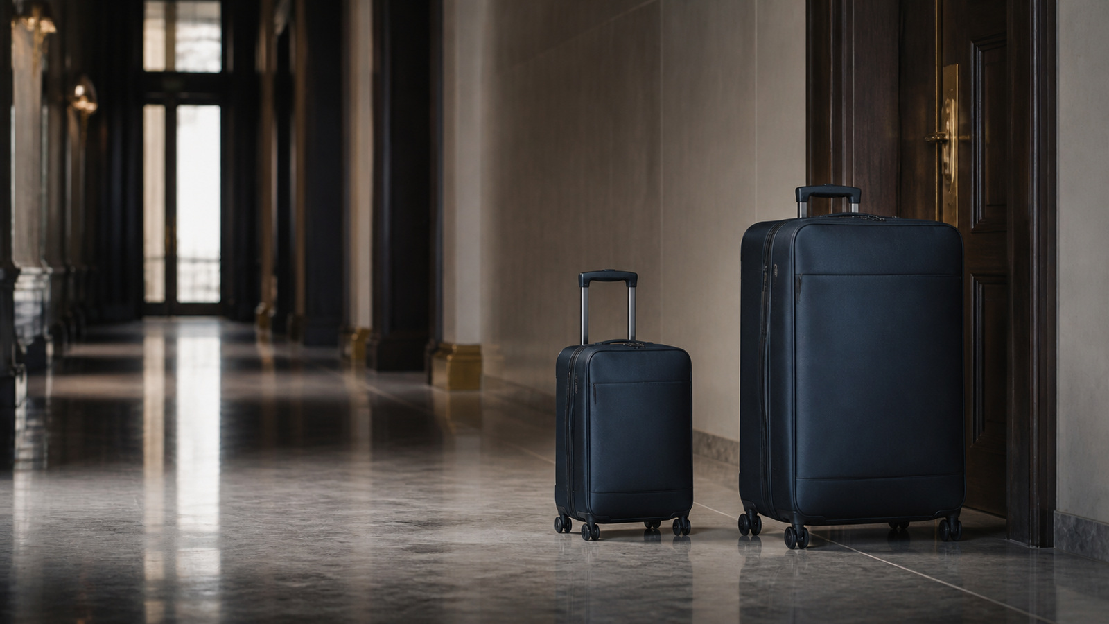 A child's small suitcase standing beside an adult's in an empty hallway