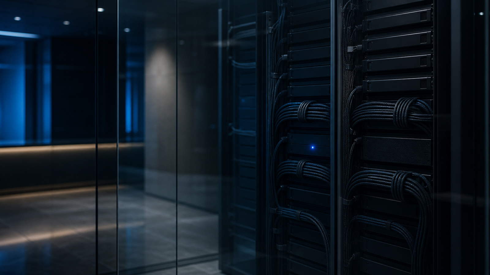 Server-room cabling seen through a glass wall, a single blue indicator lit