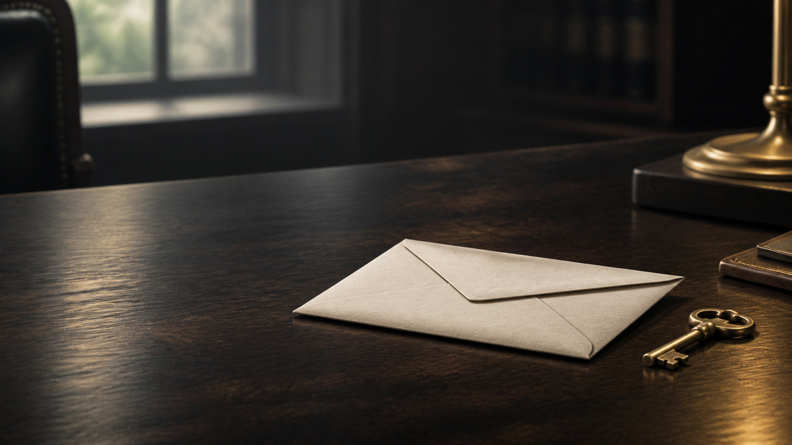 An old sealed envelope and a house key on a worn wooden table