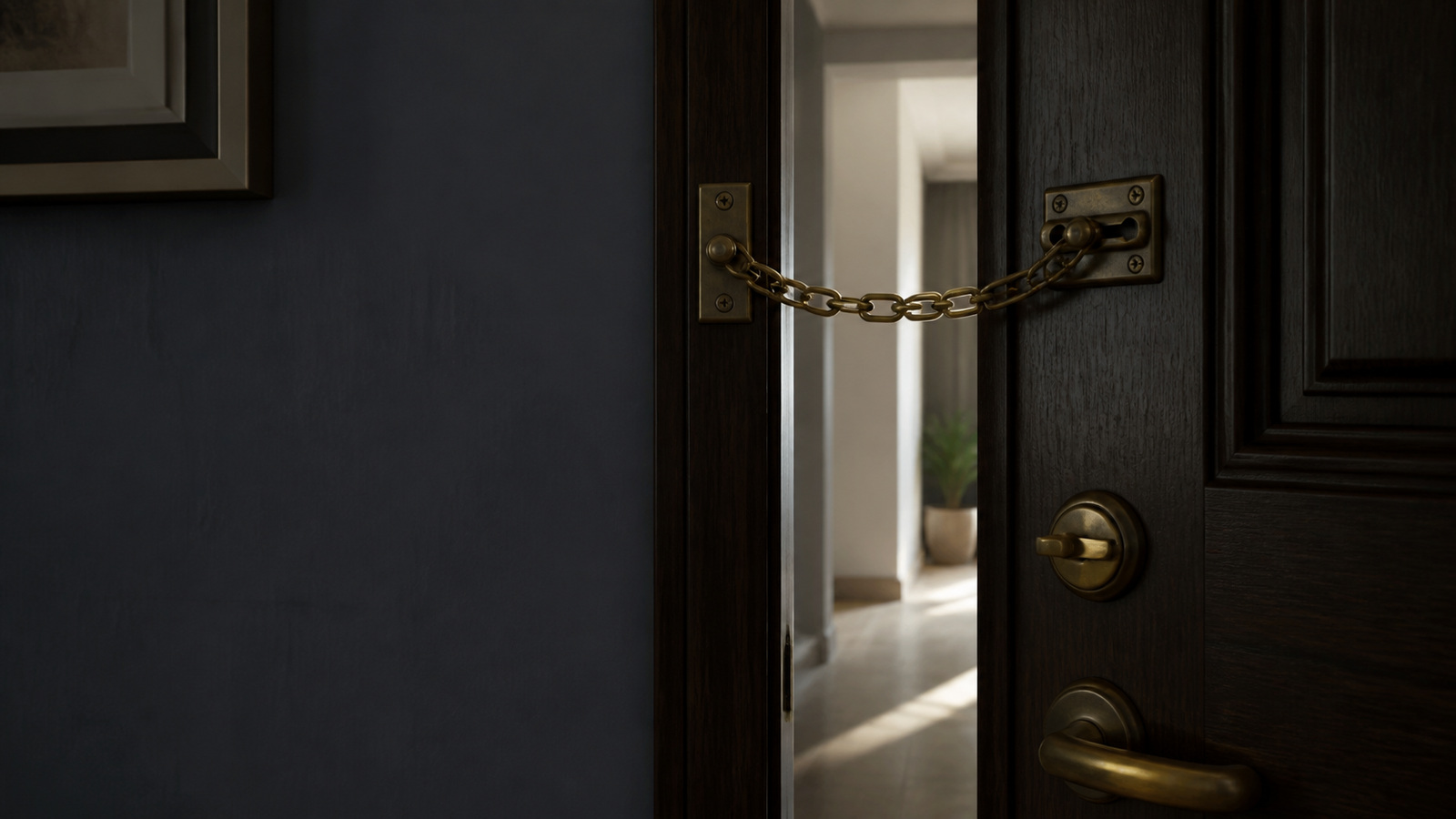 A door chain fastened from the inside, soft daylight in the hallway beyond