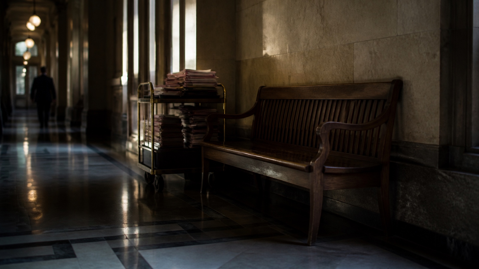 Empty wooden bench in a sunlit tiled corridor with a file trolley beside it