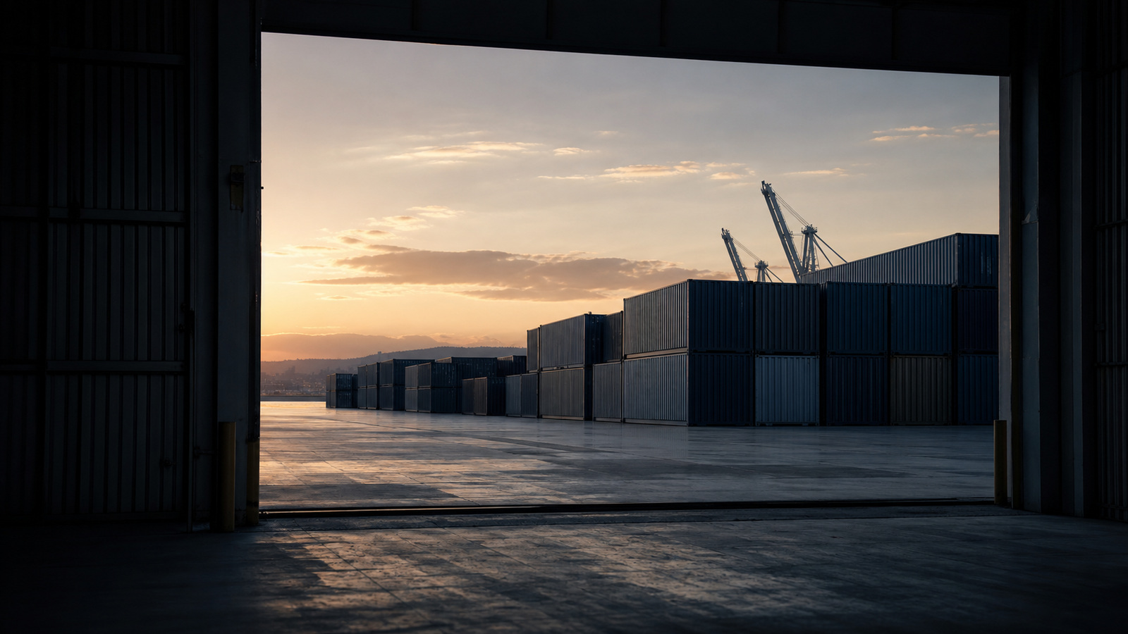 A container yard at dawn seen from inside a warehouse doorway