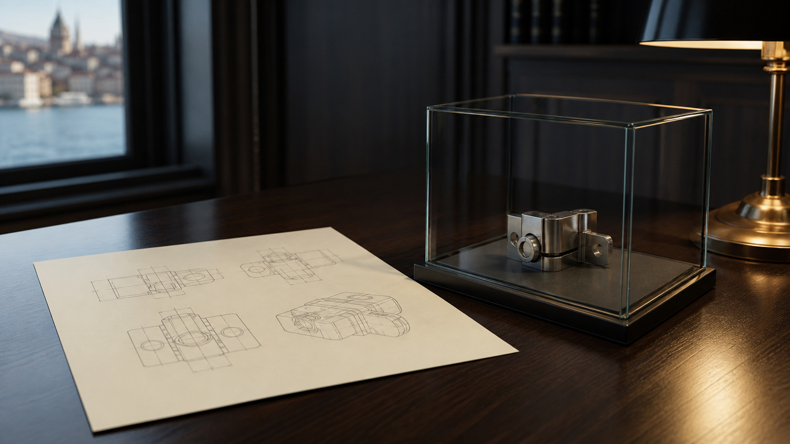A patent drawing sheet and a small technical prototype under glass