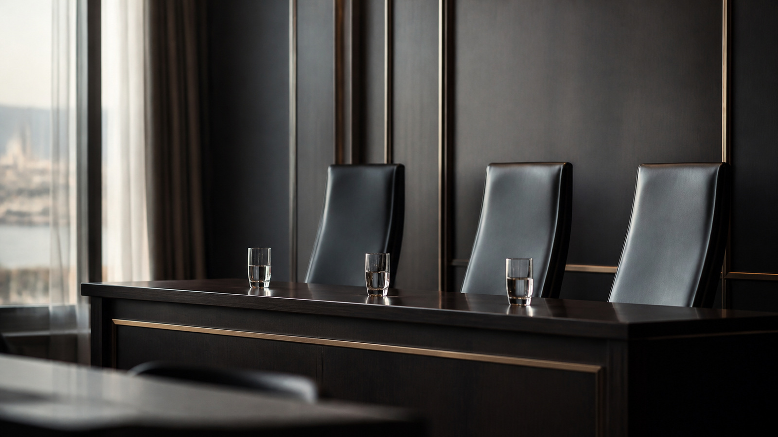 Three empty chairs behind a tribunal table with water glasses set out