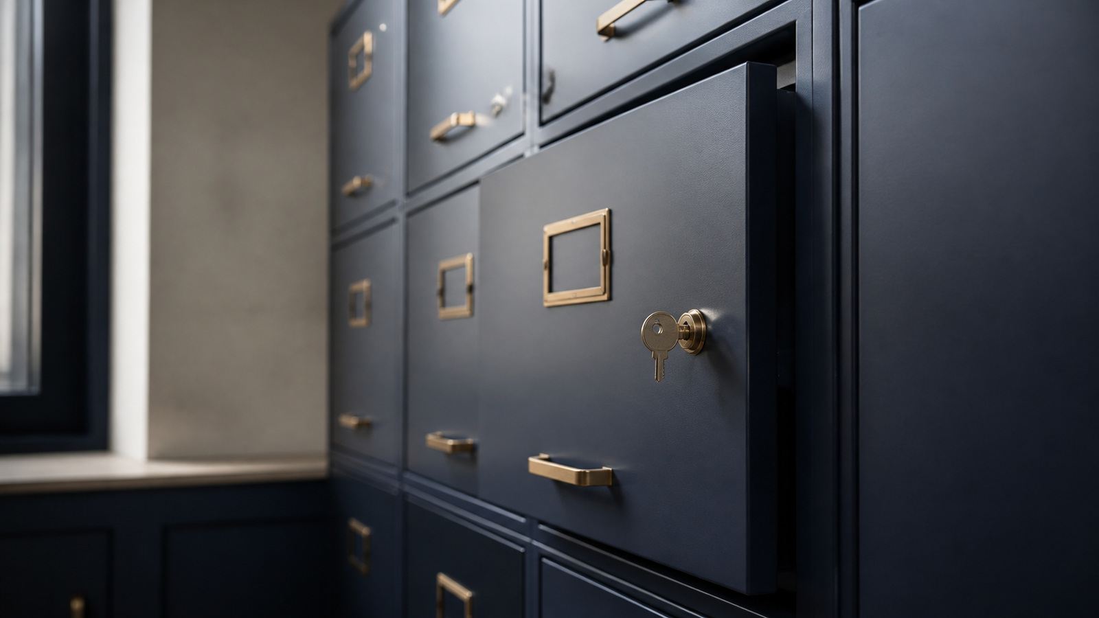 A filing cabinet with one drawer locked and the key still in it