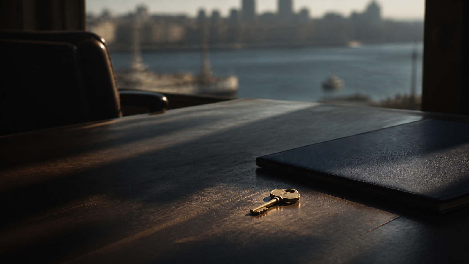 A title-deed folder and a house key resting on a worn wooden table