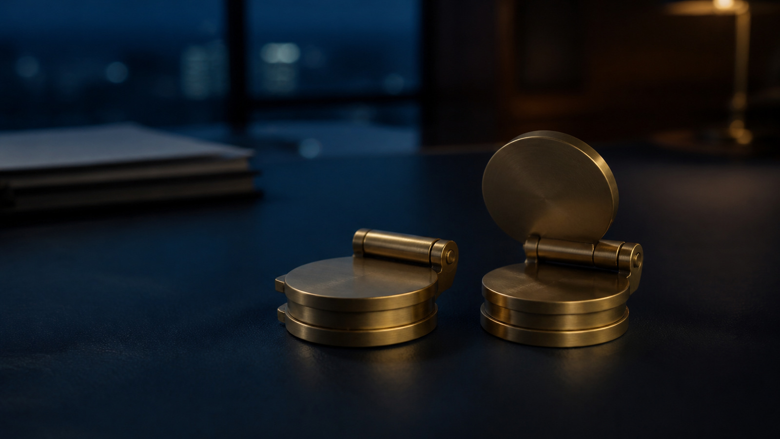 Two corporate seals resting on a desk, one being lifted away