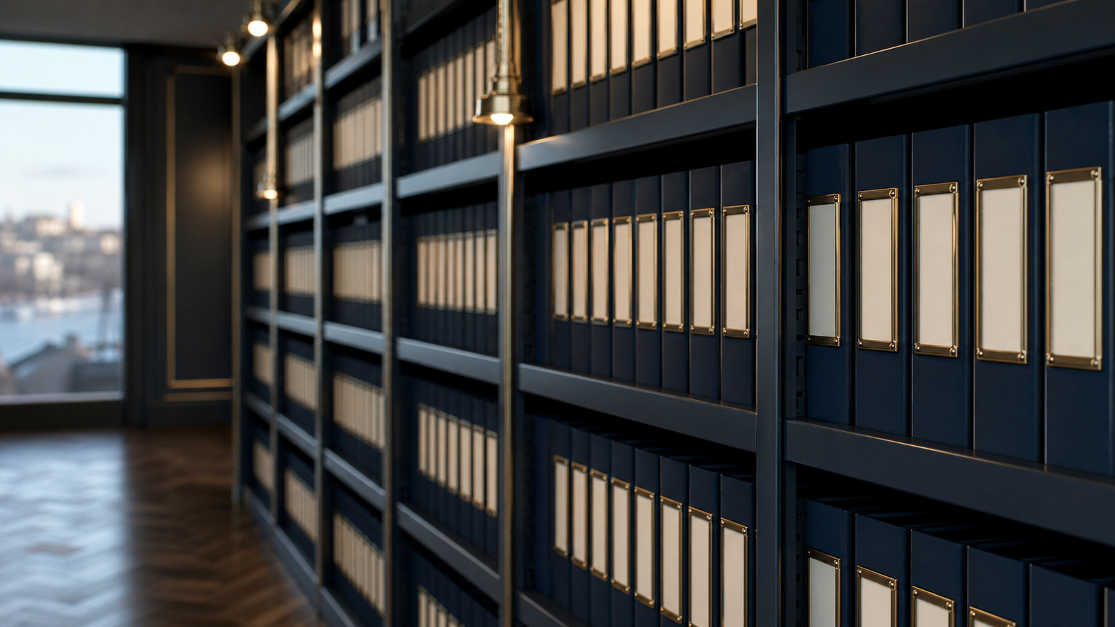 A due-diligence data room: rows of labelled binders on steel shelves