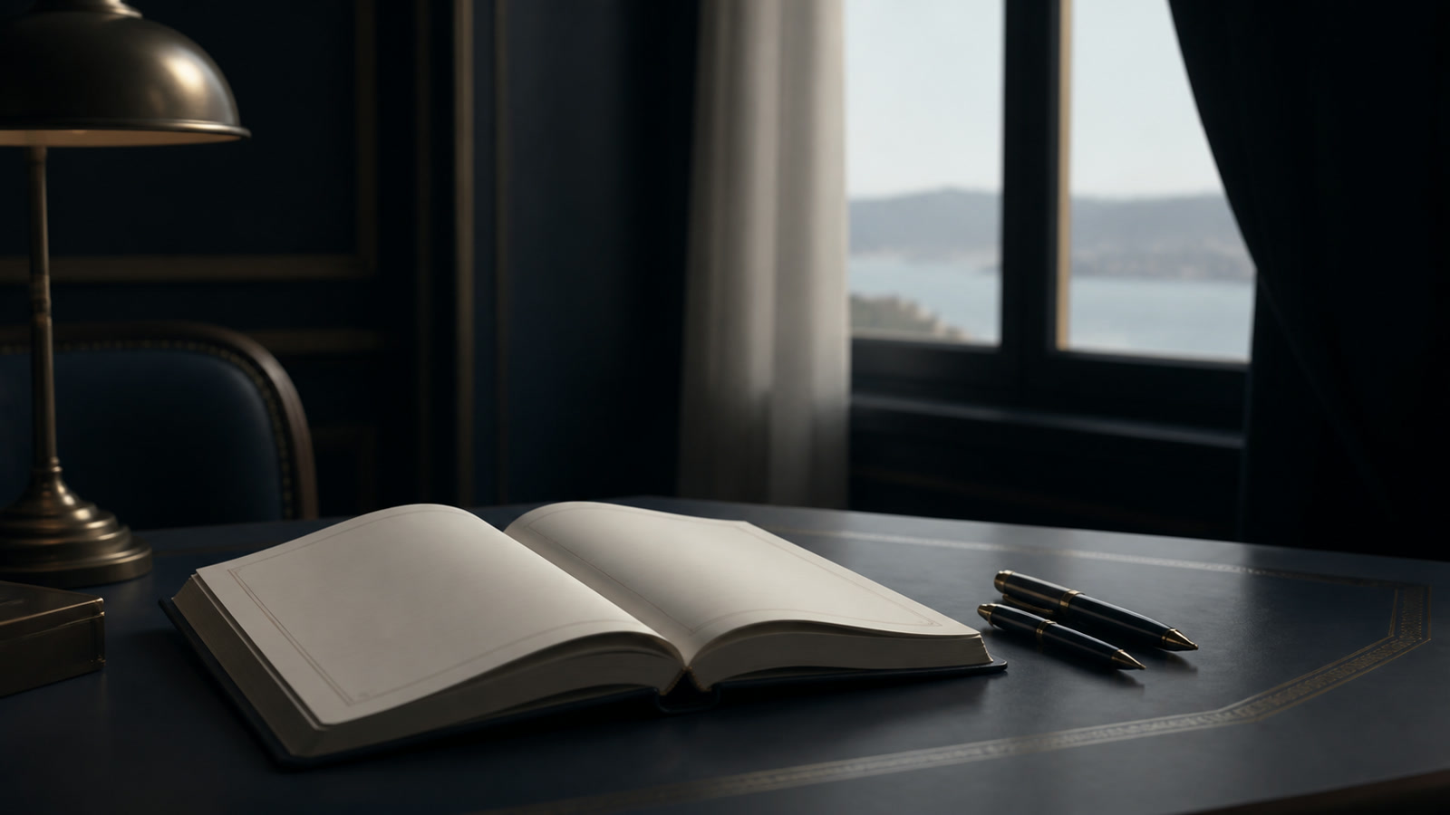 A notarial register open at a signature line with two pens beside it