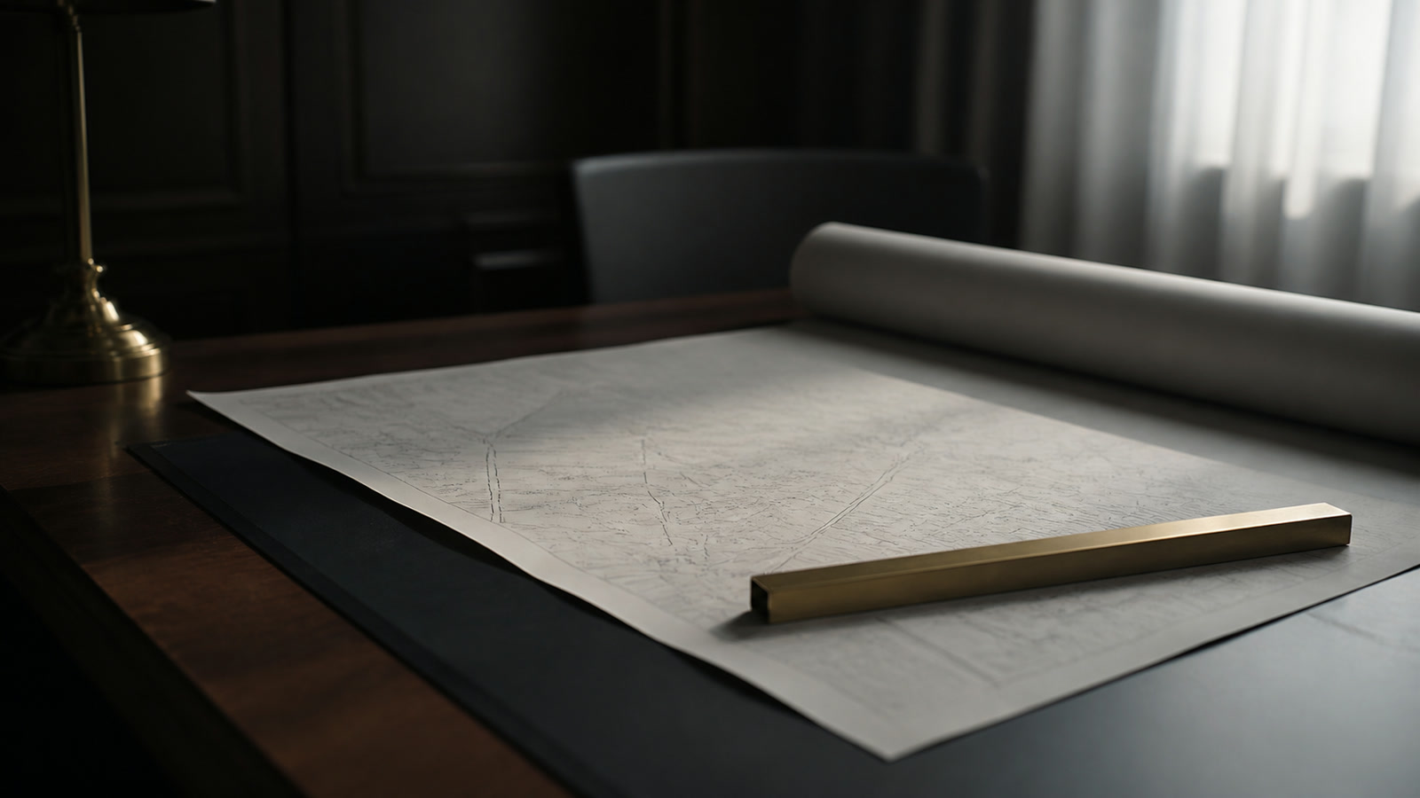 A cadastral map unrolled on a table with a scale rule laid across it
