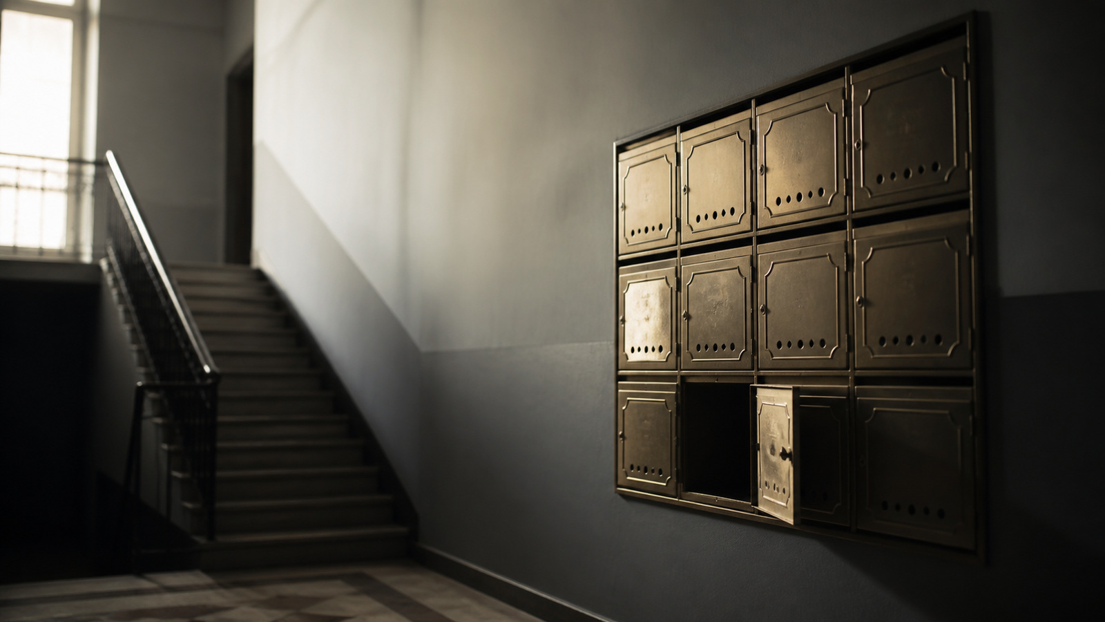 Metal post boxes in an apartment stairwell, one small door open and empty