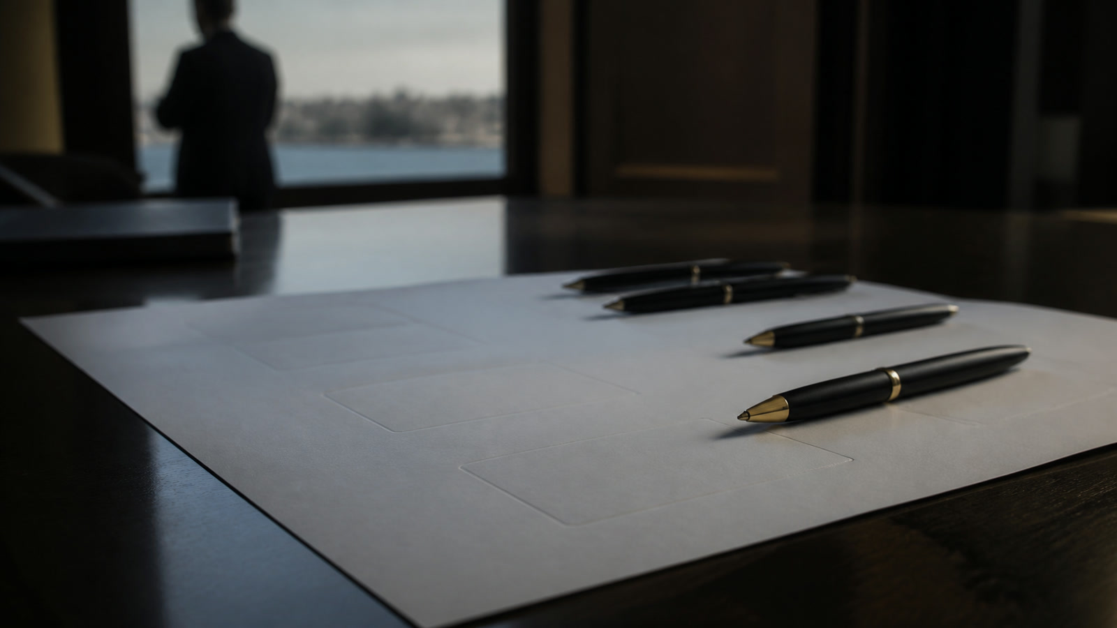 A signature page with several blank signature blocks and pens laid out along it