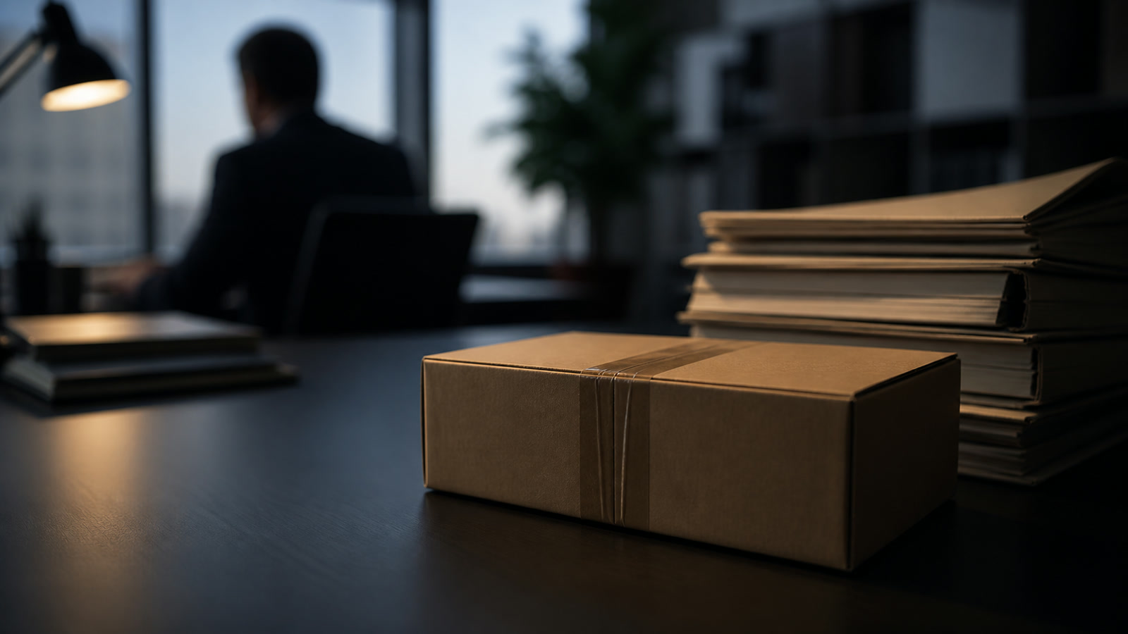 A sealed evidence box on an office desk with tax files stacked behind it