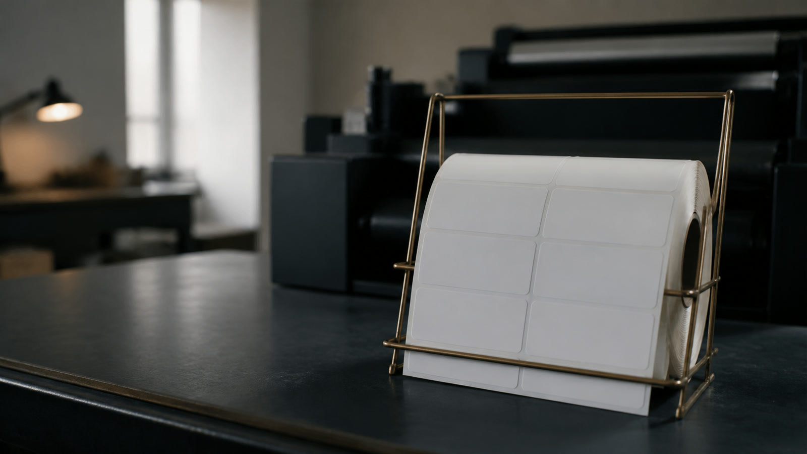 A rack of blank unprinted product labels on a printer's bench