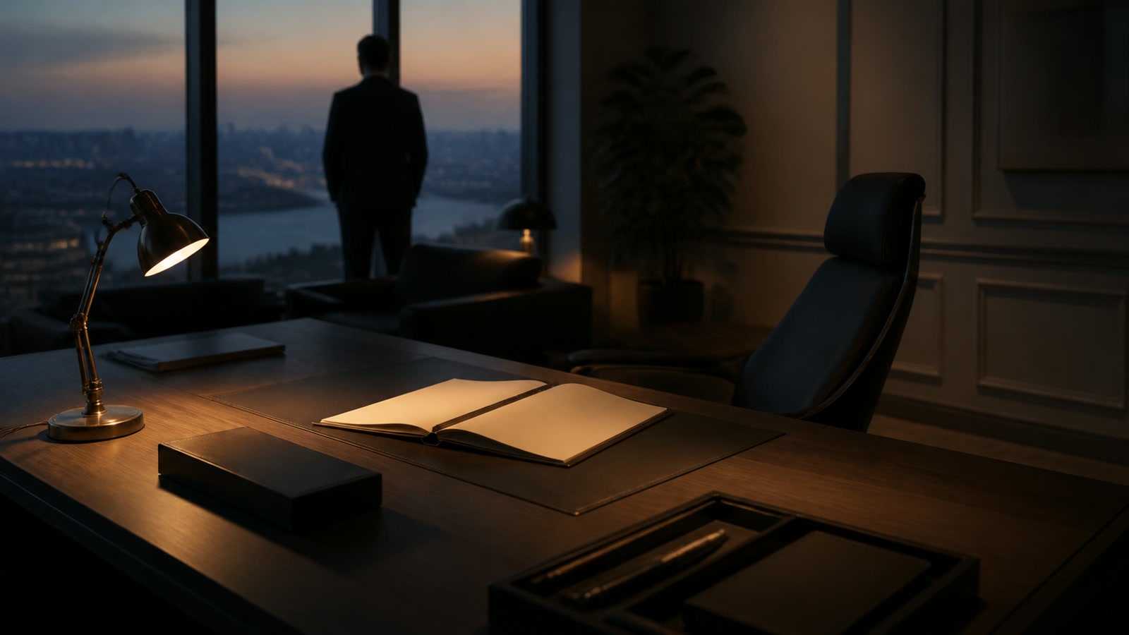 An executive office at dusk, the chair pushed back and a file left open on the desk