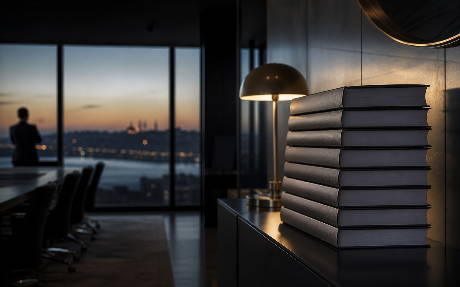 A tall stack of bound annual accounts on a boardroom credenza at dusk