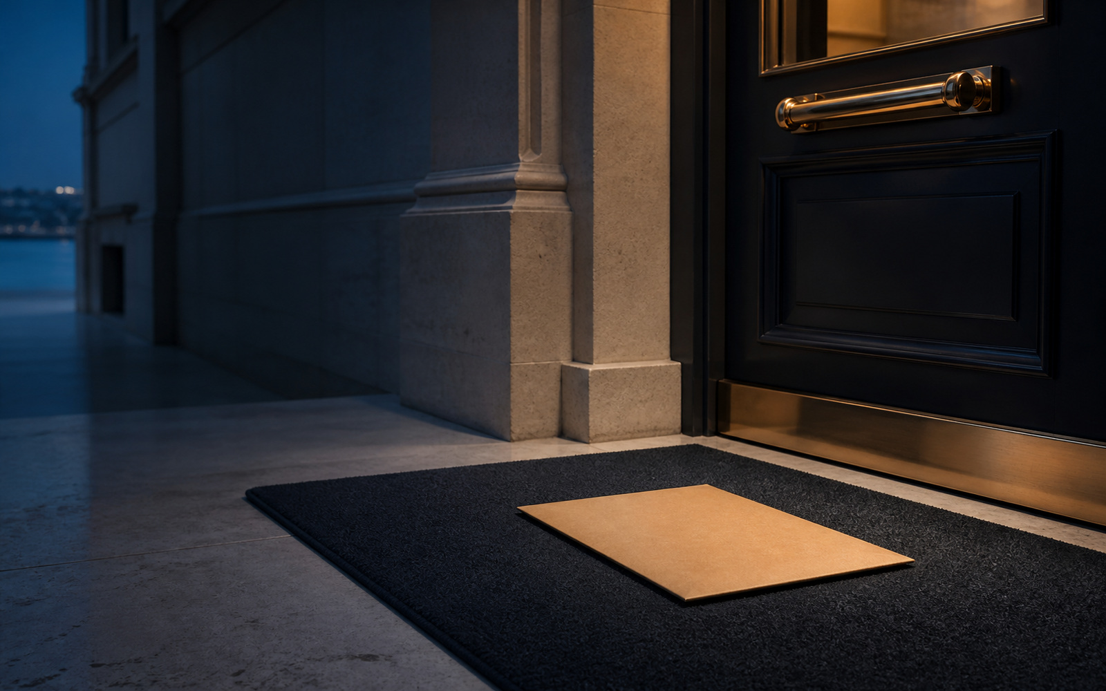 A courier envelope, unopened, on the doormat of an office entrance
