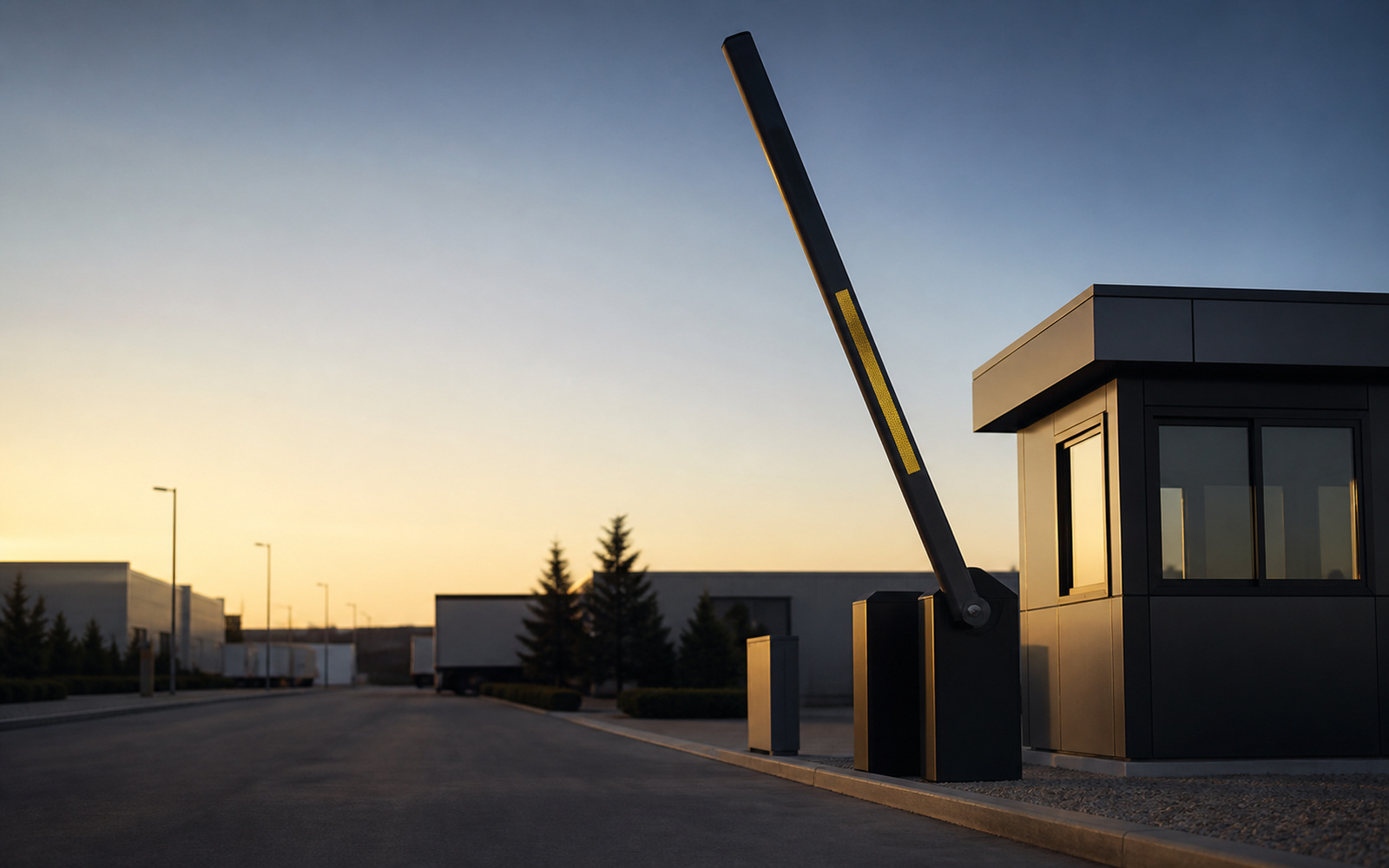A customs barrier raised at the entrance to an industrial zone at dawn