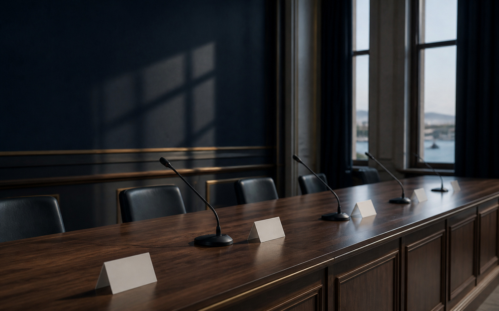 A long hearing table with microphones and name-card holders left blank