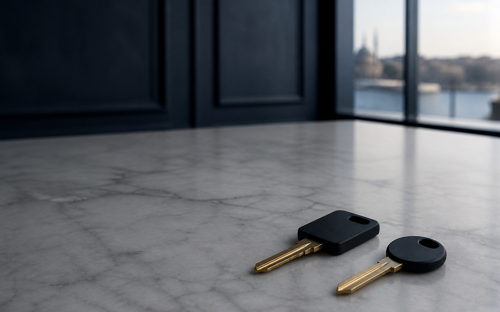 A house key and an apartment key lying apart on a cold marble surface