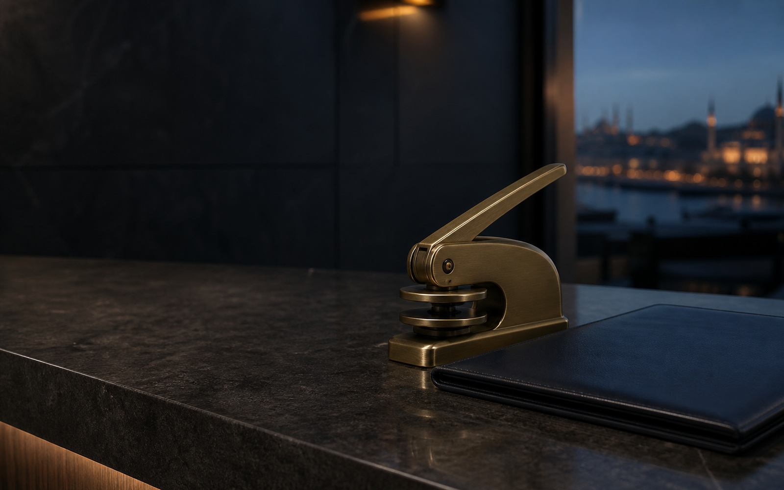 A notary's brass seal and a closed leather folder on a counter