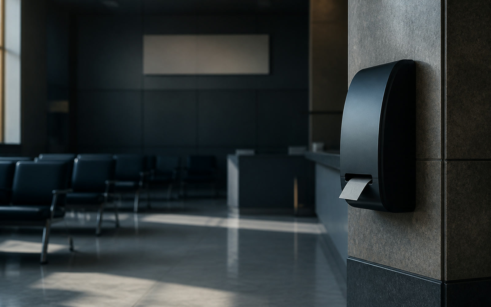 A numbered ticket dispenser in an empty government waiting hall